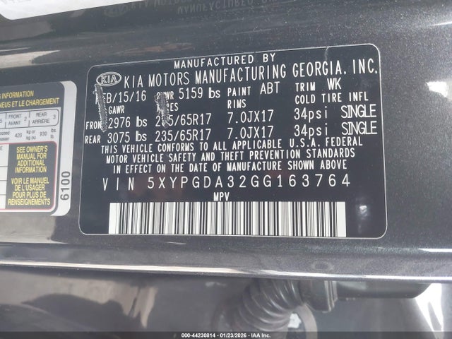 5XYPGDA32GG163764 KIA Sorento 2.4l Lx