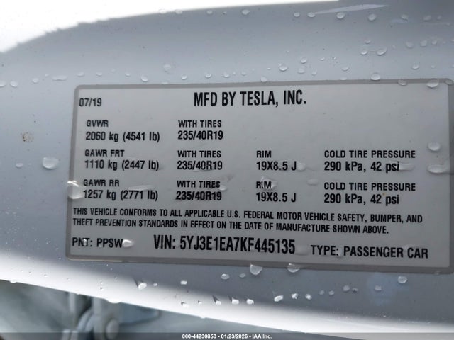 Aukcja sprzedaży 2019 Tesla Model 3, vin: 5YJ3E1EA7KF445135, numer aukcji: 44230853