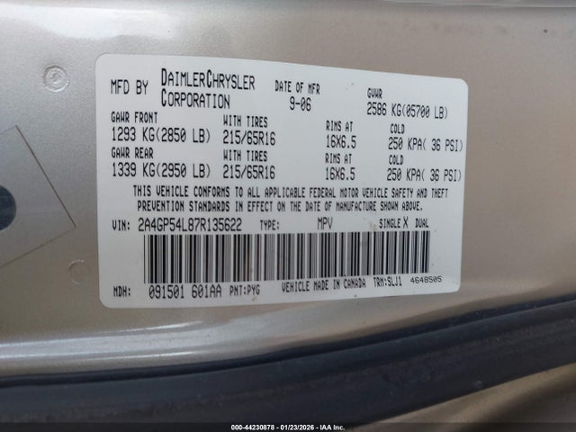 Продажа на аукционе авто 2007 Chrysler Town & Country Touring, vin: 2A4GP54L87R135622, номер лота: 44230878