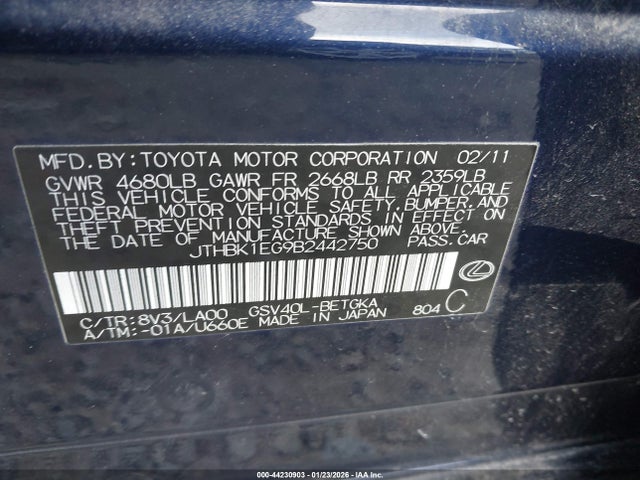 Продажа на аукционе авто 2011 Lexus Es 350, vin: JTHBK1EG9B2442750, номер лота: 44230903