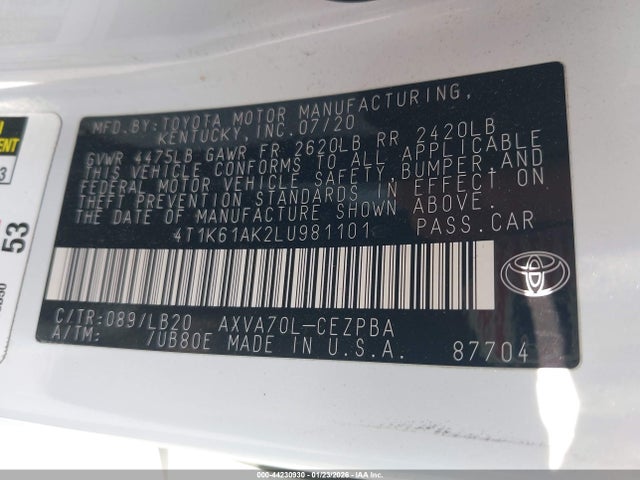 Toyota CAMRY XSE 2020 4T1K61AK2LU981101 Image 9