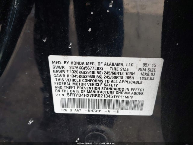 44231050 :رقم المزاد ، 5FRYD4H27GB021345 vin ، 2016 Acura Mdx Acurawatch Plus Package مزاد بيع