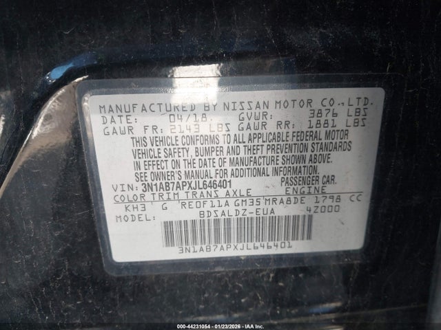 3N1AB7APXJL646401 Nissan SENTRA SV