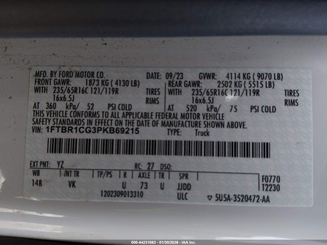 44231063 :رقم المزاد ، 1FTBR1CG3PKB69215 vin ، 2023 Ford Transit-250 مزاد بيع