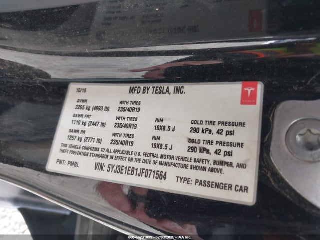 Aukcja sprzedaży 2018 Tesla Model 3 Long Range/performance, vin: 5YJ3E1EB1JF071564, numer aukcji: 44231099