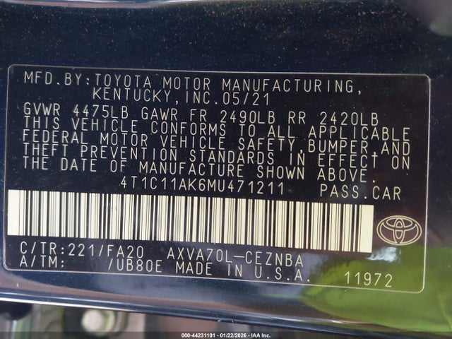 4T1C11AK6MU471211 Toyota CAMRY LE