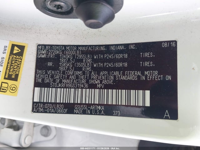5TDJKRFH9GS319436 Toyota Highlander Xle V6
