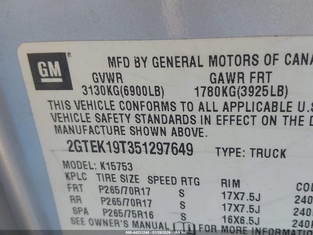Aukcja sprzedaży 2005 Gmc Sierra 1500 Slt, vin: 2GTEK19T351297649, numer aukcji: 44231248