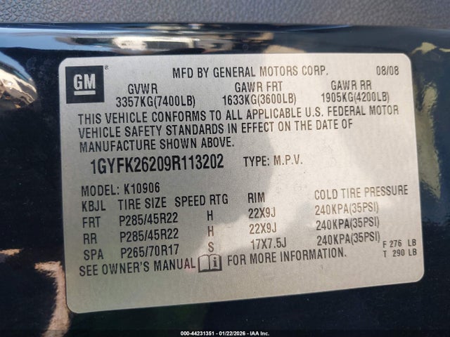 2009 CADILLAC ESCALADE ESV 1GYFK26209R113202 Photo 8