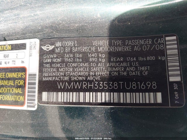 44231535 :رقم المزاد ، WMWRH33538TU81698 vin ، 2008 Mini Cooper S مزاد بيع