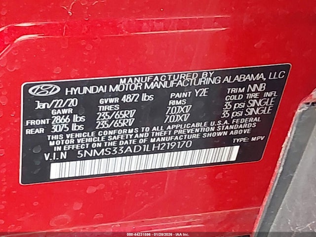 5NMS33AD1LH219170 Hyundai Santa Fe Sel