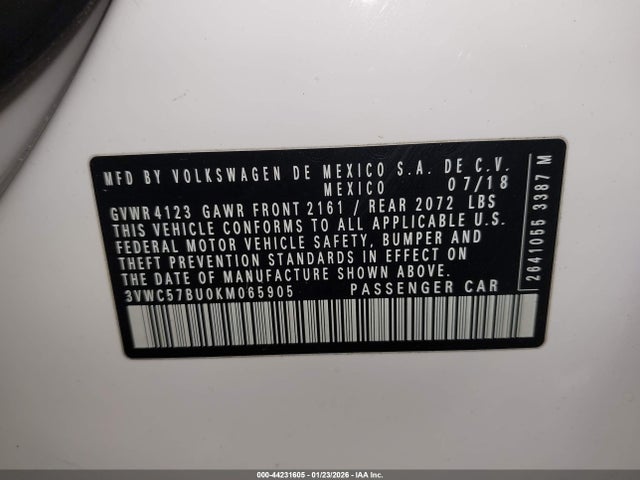 2019 Volkswagen Jetta 1.4t R-line/1.4t S/1.4t Se მანქანა იყიდება აუქციონზე, vin: 3VWC57BU0KM065905, აუქციონის ნომერი: 44231605