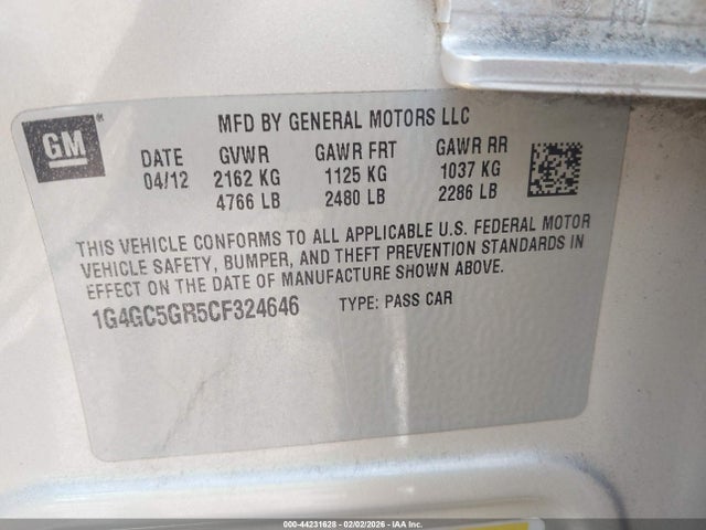 44231628 :رقم المزاد ، 1G4GC5GR5CF324646 vin ، 2012 Buick Lacrosse Leather Group مزاد بيع
