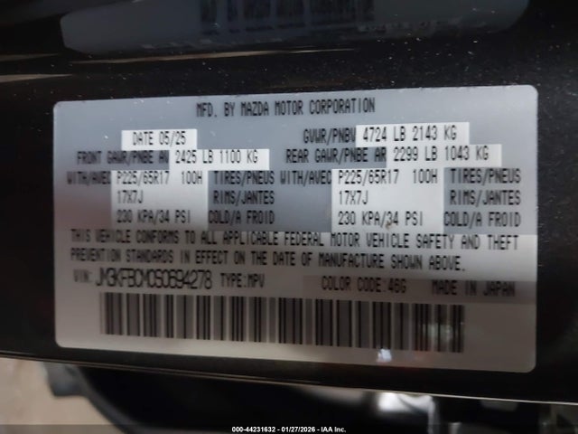 44231632 :رقم المزاد ، JM3KFBCM0S0694278 vin ، 2025 Mazda Cx-5 2.5 S Preferred مزاد بيع