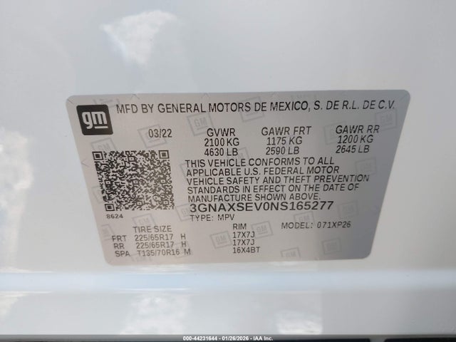 3GNAXSEV0NS165277 Chevrolet Equinox Awd Ls