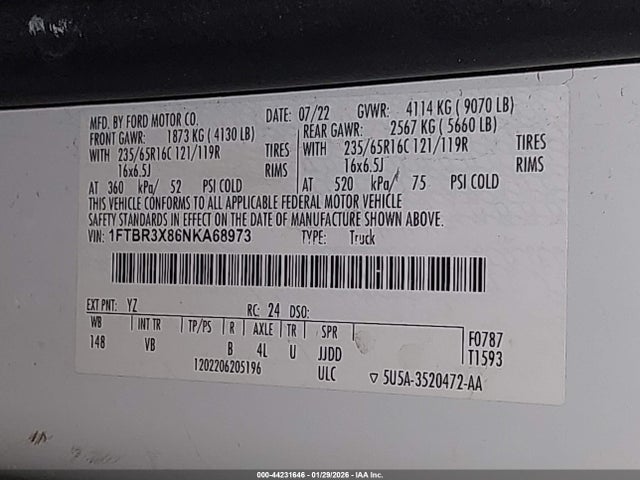 Продаж на аукціоні авто 2022 Ford Transit-250 Cargo Van, vin: 1FTBR3X86NKA68973, номер лоту: 44231646