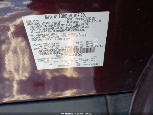 44231652 :رقم المزاد ، 1FAHP2EW5BG158065 vin ، 2011 Ford Taurus Sel مزاد بيع