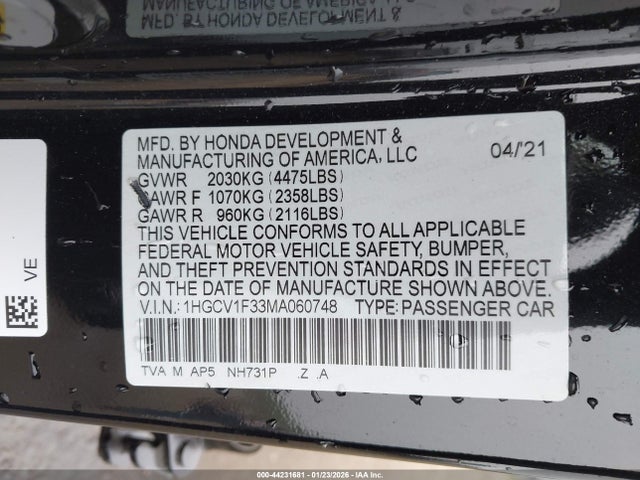 1HGCV1F33MA060748 Honda Accord Sport
