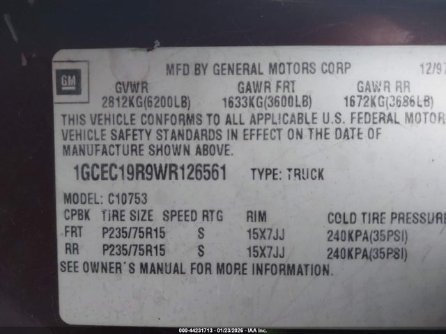 Aukcja sprzedaży 1998 Chevrolet C1500 Fleetside, vin: 1GCEC19R9WR126561, numer aukcji: 44231713