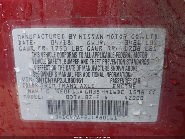 3N1CN7AP2JL880161 Nissan Versa 1.6 Sv