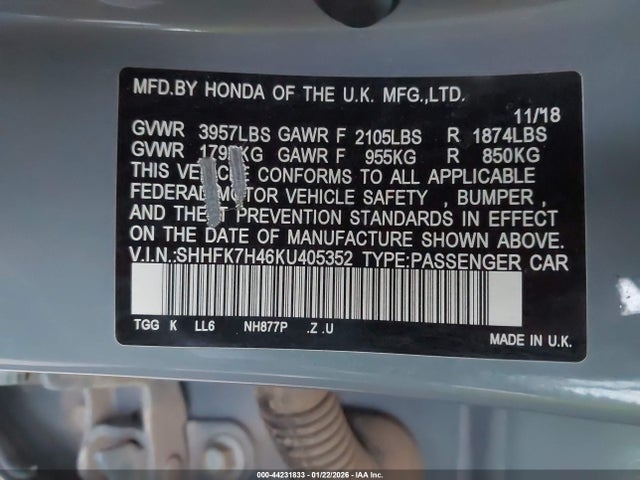 SHHFK7H46KU405352 Honda Civic Sport