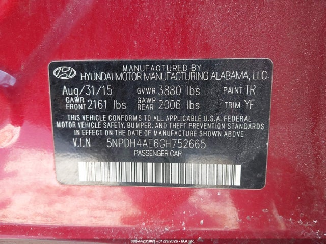 44231863 :رقم المزاد ، 5NPDH4AE6GH752665 vin ، 2016 Hyundai Elantra Se مزاد بيع