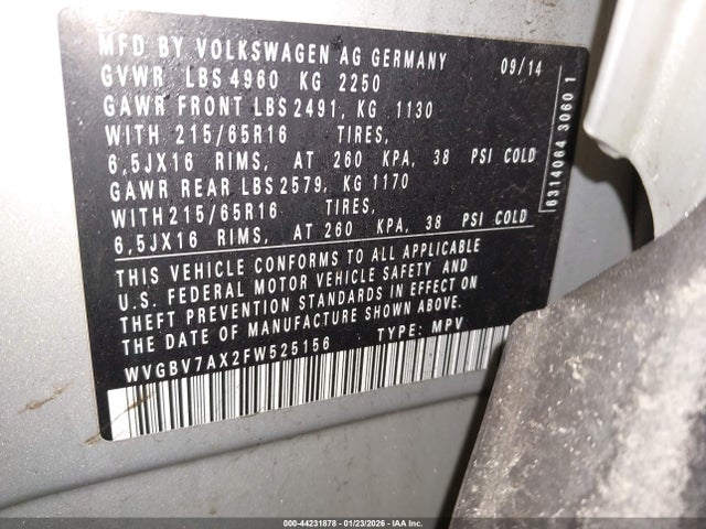 2015 Volkswagen Tiguan S მანქანა იყიდება აუქციონზე, vin: WVGBV7AX2FW525156, აუქციონის ნომერი: 44231878