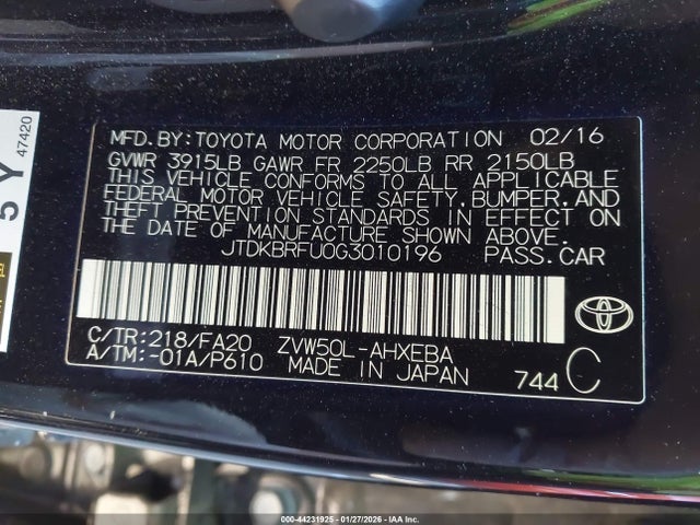 Toyota Prius Two 2016 JTDKBRFU0G3010196 Image 9
