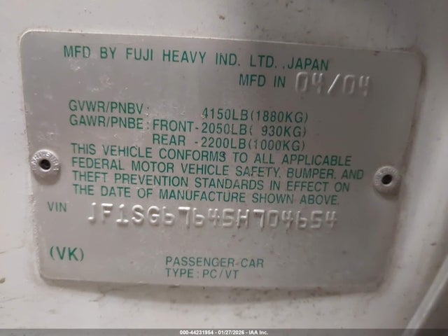 44231954 :رقم المزاد ، JF1SG67645H704654 vin ، 2005 Subaru Forester 2.5xs L.l. Bean مزاد بيع