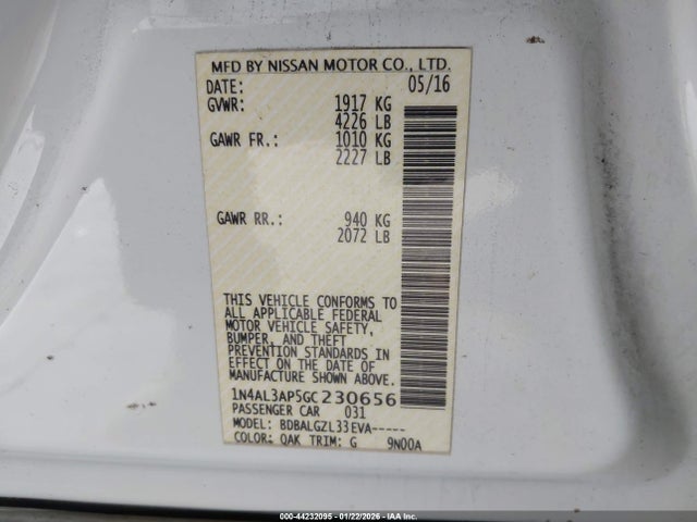 1N4AL3AP5GC230656 Nissan Altima 2.5/2.5 S/2.5 Sl/2.5 Sr/2.5 Sv