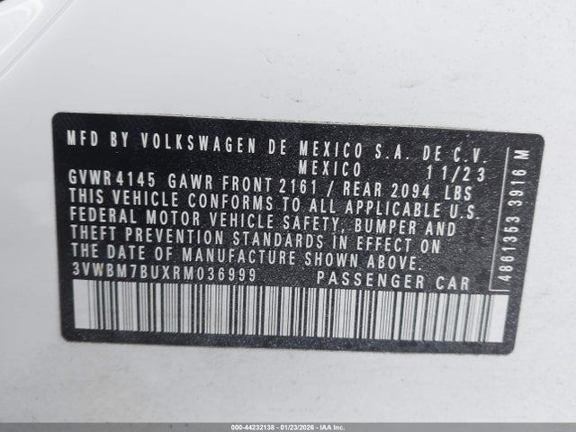 44232138 :رقم المزاد ، 3VWBM7BUXRM036999 vin ، 2024 Volkswagen Jetta 1.5t Sport مزاد بيع