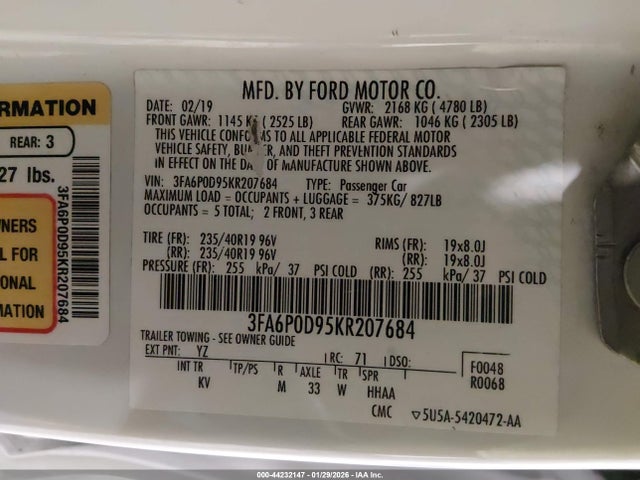 2019 FORD FUSION 3FA6P0D95KR207684 Photo 8