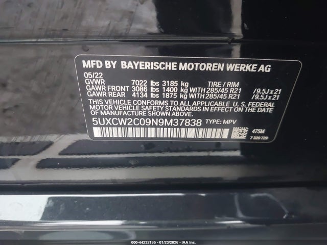 Продаж на аукціоні авто 2022 Bmw X7 Xdrive40i, vin: 5UXCW2C09N9M37838, номер лоту: 44232195