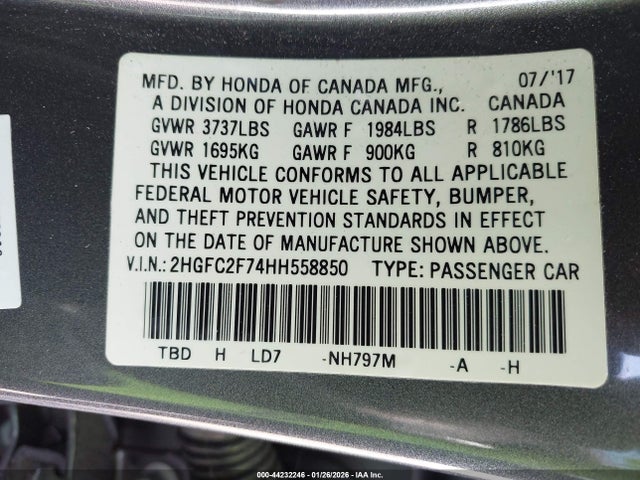 Honda CIVIC EX 2017 2HGFC2F74HH558850 Image 9