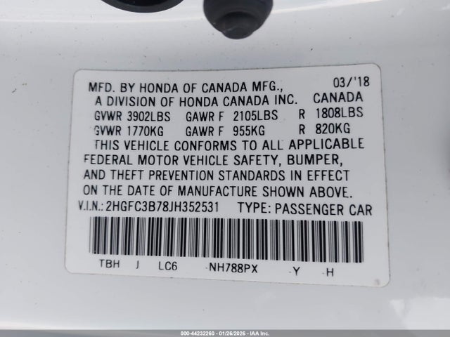 2HGFC3B78JH352531 Honda Civic Ex-l