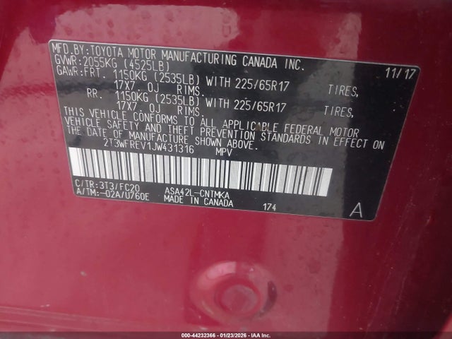2T3WFREV1JW431316 Toyota Rav4 Xle