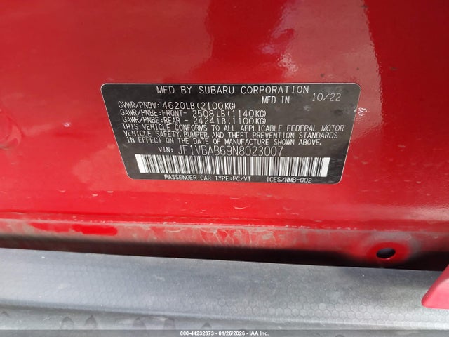 Subaru WRX 2022 JF1VBAB69N8023007 Image 9
