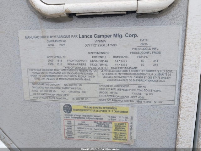 Lance Camper 2185 2016 56YTT2129GL317588 Image 9