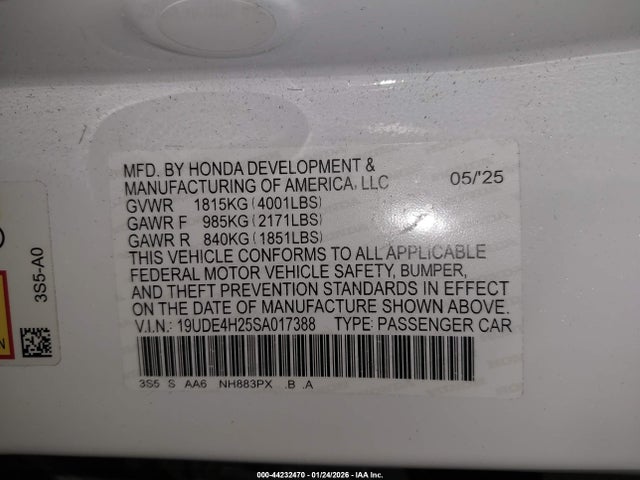 44232470 :رقم المزاد ، 19UDE4H25SA017388 vin ، 2025 Acura Integra مزاد بيع