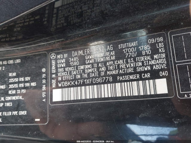 1999 MERCEDES-BENZ SLK 230 WDBKK47F1XF096778 Photo 8