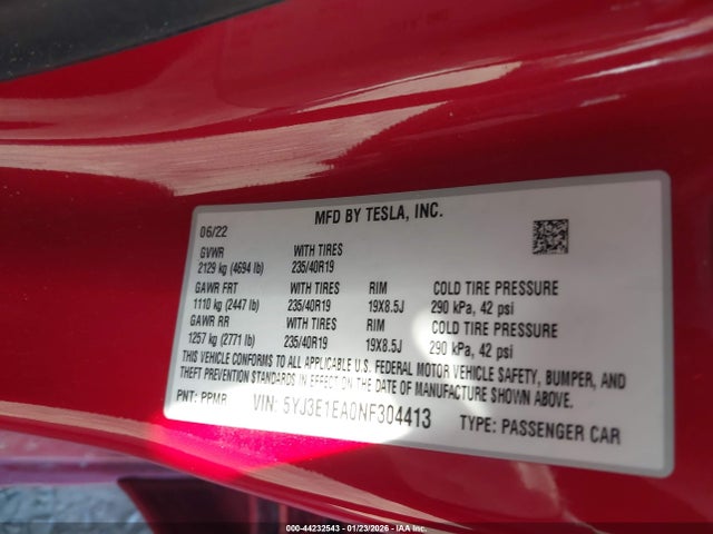 Продаж на аукціоні авто 2022 Tesla Model 3 Rear-wheel Drive, vin: 5YJ3E1EA0NF304413, номер лоту: 44232543