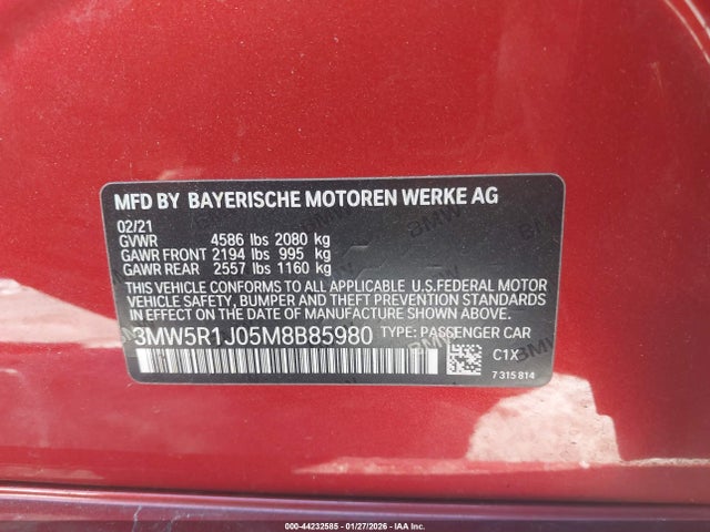 Aukcja sprzedaży 2021 Bmw 330i, vin: 3MW5R1J05M8B85980, numer aukcji: 44232585