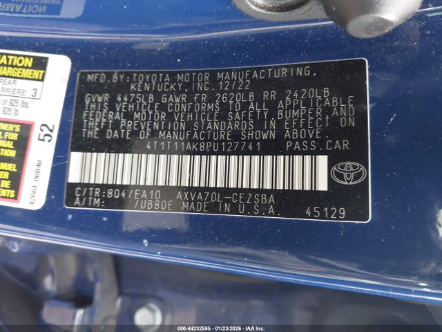 44232595 :رقم المزاد ، 4T1T11AK8PU127741 vin ، 2023 Toyota Camry Se مزاد بيع
