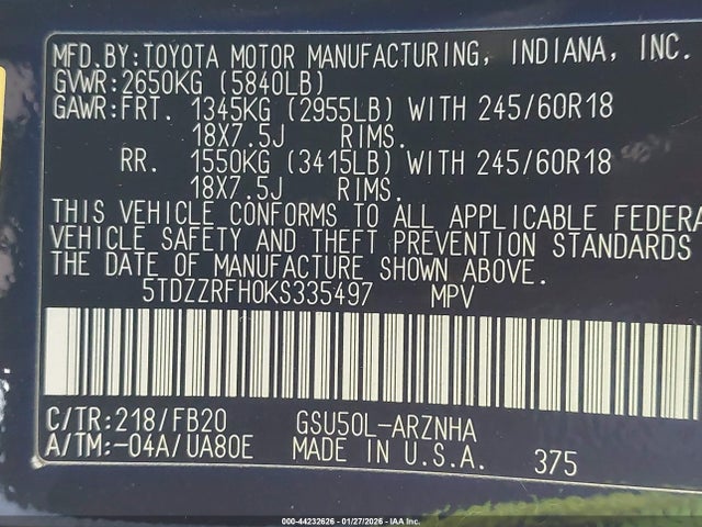 5TDZZRFH0KS335497 Toyota Highlander Le