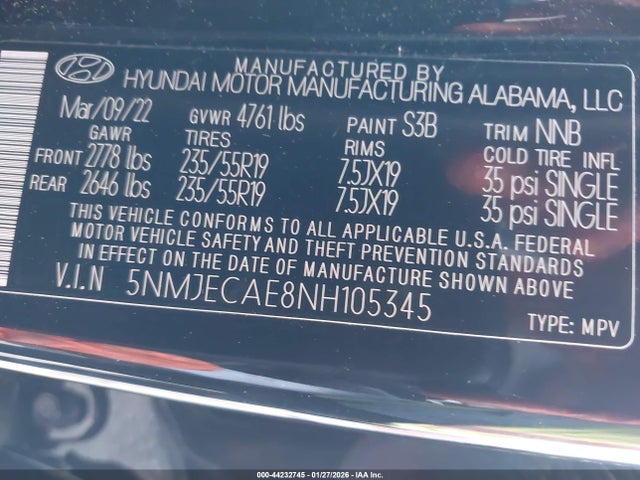 5NMJECAE8NH105345 Hyundai Tucson Limited