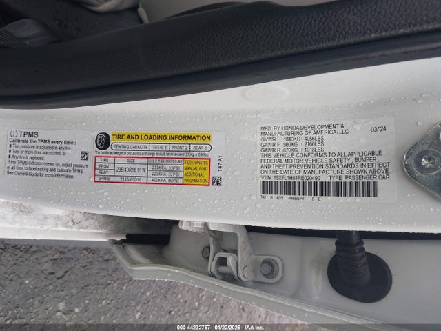 2024 Honda Civic Sport Touring მანქანა იყიდება აუქციონზე, vin: 19XFL1H81RE020490, აუქციონის ნომერი: 44232757