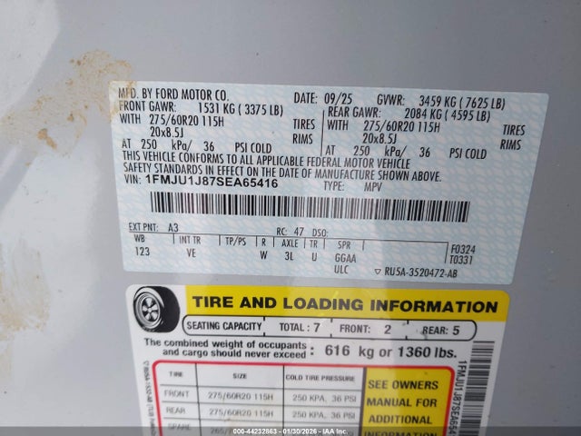 Продажа на аукционе авто 2025 Ford Expedition Active, vin: 1FMJU1J87SEA65416, номер лота: 44232863