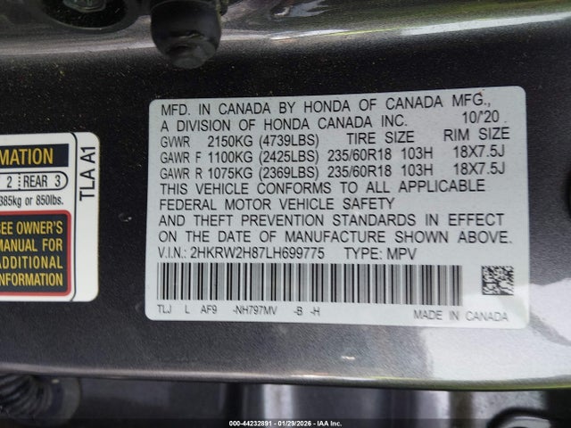 Aukcja sprzedaży 2020 Honda Cr-v Awd Ex-l, vin: 2HKRW2H87LH699775, numer aukcji: 44232891