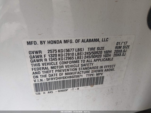 44232903 :رقم المزاد ، 5FRYD4H9XHB025971 vin ، 2017 Acura Mdx Advance   Entertainment Pkgs مزاد بيع