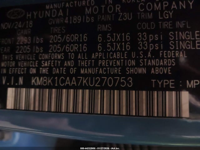 2019 HYUNDAI KONA KM8K1CAA7KU270753 Photo 8